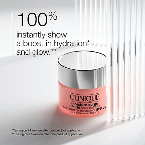 Image 1 - A jar of Clinique Moisture Surge SPF 25 sheer hydrator is placed next to transparent glass rods, with text stating 100% instantly show a boost in hydration and glow, accompanied by smaller text regarding testing details.
              Image 2 - A close-up of creamy, light pink texture with water droplet and shield icons, accompanied by the words hydrate and protect.