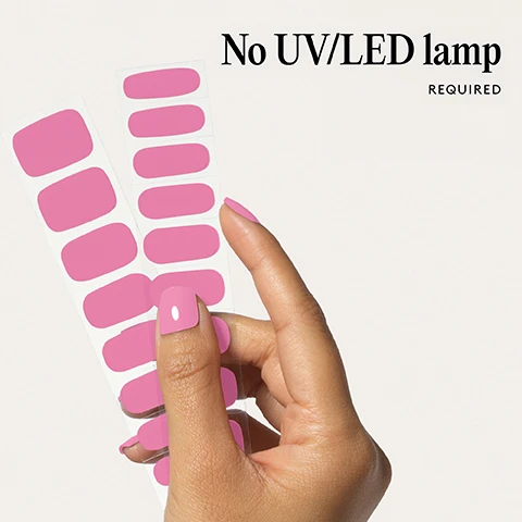 Image 1 - A hand holds two sheets of pink nail stickers and has pink manicured nails with the text No UV/LED lamp REQUIRED. Image 2 - Two bright pink artificial nails are shown with the text 100% real salon-quality gel. Image 3 - Close-up of a persons face with dark pink glossy lips and bright pink fingernails touching the lower lip, with the text Lasts up to 14 days. Image 4 - A hand with bright pink painted nails with the text 1 minute removal NO DAMAGE. Image 5 - Visual guide titled Step by step showing four steps to apply nail wraps with headings 01 PREP, 02 STICK & WRAP, 03 TRIM & FILE, and 04 REMOVE, each with corresponding instructions. Image 6 - Close-up of nail polish strips and a list of bullet points that reads: Easiest and gentlest mani in the world Lasts up to 14 days Fast & gentle 1-min removal Fully-cured - No LED Lamp required Comes in 10 sizes Long-lasting shine and chip-resistant Quick and easy application Hema-free, vegan, and cruelty-free Pre-cut and ready to go!