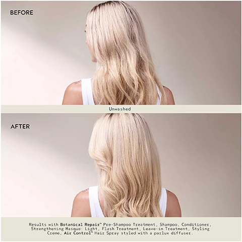 Image 1 - Image shows two side-by-side comparisons of a womans hair labeled Before and After; the Before section shows dry, unwashed hair while the After section displays styled, shiny hair. Visible text reads: Results with Botanical Repair Pre-Shampoo Treatment, Shampoo, Conditioner, Strengthening Masque, Light, Flash Treatment, Leave-in Treatment, Styling Crème, Air Control Hair Spray styled with a parlux diffuser.
              Image 2 - A green bottle of Avedas botanical repair bond-building pre-shampoo treatment is surrounded by leaves, with text indicating it provides 3X stronger hair in 1 use and featuring the phrases laboratory testing on tresses v. non-conditioning shampoo and traitement pré-shampooing réparateur renforce et protège.
              Image 3 - An abstract image featuring green leaves and droplets of water with the text REPAIRS IN 1, 2, 3 TRIPLE ACTION STRENGTHENING TECHNOLOGY Harnesses the power of plants to build bonds while strengthening and repairing the 3 key layers of hair: the cortex, cuticle, and f-layer.
              Image 4 - Image shows a woman with shoulder-length, curly hair viewed from the back; the upper section labeled Before shows her hair in an unstyled state, while the lower section labeled After shows her hair styled with defined curls, along with text detailing the products used for the transformation: Results with Botanical Repair, Pre-Shampoo Treatment, Shampoo, Conditioner, Strengthening Masque, Light, Flash Treatment, Leave-in Treatment, Overnight Serum, Invati Ultra Advanced Thickening Foam, Air Control Hair Spray, styled with a palux diffuser.
              Image 5 - Image shows a product display for a hair care line featuring three sections labeled PRE-CLEANSE, CLEANSE & CONDITION, and TREAT, with descriptions of various products including Botanical Repair Bond-Building Pre-Shampoo Treatment, Strengthening Shampoo, Strengthening Conditioner, Intensive Strengthening Masque Light & Rich, Strengthening Leave-In Treatment, and Strengthening Overnight Serum.
