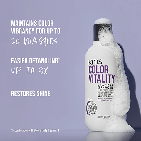 Image 1 - A bottle of KMS Color Vitality shampoo with a purple background, displaying foamy shampoo, and text that states maintains color vibrancy for up to 20 washes, easier detangling up to 3x, and restores shine.
              Image 2 - A hand holding a bottle of KMS Color Vitality conditioner with text stating kept color vibrancy for up to 20 washes, easier detangling up to 4x, and increases shine.
              Image 3 - A bottle of KMS Therma Shape Quick Blow Dry product sits on a textured towel, with promotional text indicating that it speeds up drying time by up to 50%, reduces friction when blow-drying, and provides light conditioning.
              Image 4 - A split image shows a pomegranate cut in half displaying its ruby-red seeds alongside a close-up of whole pomegranate seeds, with text that reads POMEGRANATE and UPCYCLED NATURAL INGREDIENT.
              Image 5 - A close-up image of a creamy white substance on a light purple background, with text that reads HIGHLY-EFFECTIVE OUR FORMULAS WITH UPCYCLED POMEGRANATE, KNOWN TO BE RICH IN ANTIOXIDANTS, HELP TO FIGHT FREE RADICALS RESPONSIBLE FOR COLOR FADING.
              Image 6 - A creamy white substance is pouring and forming ripples on a soft lavender background, with visible text stating HIGHLY-EFFECTIVE OUR FORMULAS WITH UPCYCLED POMEGRANATE, KNOWN TO BE RICH IN ANTIOXIDANTS, HELP TO FIGHT FREE RADICALS RESPONSIBLE FOR COLOR FADING.
              Image 7 - A side-by-side comparison of a woman before and after a transformation, with the left side showing her wearing a white t-shirt and the right side featuring her in a colorful outfit, with the words BEFORE and AFTER displayed below each image.
              Image 8 - A woman with long, wavy hair poses against a purple background, smiling over her shoulder, with the text WEAR YOUR HAIR THE WAY YOU WANT in bold white and cursive fonts.