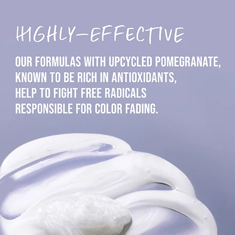 Image 1 - A swirled pile of white cream sits against a soft purple background, with the text highly-effective and our formulas with upcycled pomegranate, known to be rich in antioxidants, help to fight free radicals responsible for color fading.
              Image 2 - A swirl of white cream is shown against a light purple background, with the text highly-effective our formulas with upcycled pomegranate, known to be rich in antioxidants, help to fight free radicals responsible for color fading.
              Image 3 - An image featuring a split pomegranate showing its juicy red seeds and creamy interior, with the text POMEGRANATE and UPCYCLING NATURAL INGREDIENT prominently displayed.
              Image 4 - A hand holding a bottle of KMS Color Vitality shampoo, featuring visible icons and text indicating it is PETA approved, vegan formula with no animal-derived ingredients, and contains upcycled natural ingredients.
              Image 5 - A person holds a bottle of KMS Color Vitality Conditioner, which features labels indicating it is PETA approved, has a vegan formula with no animal-derived ingredients, and contains an upcycled natural ingredient.
              Image 6 - A portrait showing a woman with long dark hair and earrings on the left labeled BEFORE and the same woman with styled hair and bright yellow eye makeup on the right labeled AFTER.
