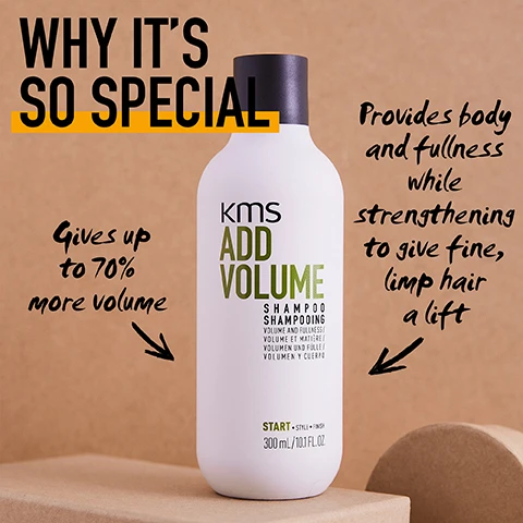 Image 1 - A white shampoo bottle labeled KMS ADD VOLUME is shown on a light brown background, featuring text that reads Gives up to 70% more volume and Provides body and fullness while strengthening to give fine, limp hair a lift.
              Image 2 - An image featuring a bottle of KMS ADD VOLUME shampoo surrounded by eucalyptus leaves and cinnamon bark, with the text WHATS INSIDE, Eucalyptus, and Cinnamon positioned near the corresponding ingredients.
              Image 3 - Image of a shampoo bottle labeled KMS ADD VOLUME with a light wood background, featuring text that states: 1 MAKES HAIR LOOK & FEEL THICKER, 2 STRENGTHENS TO GIVE FINE LIMP HAIR A LIFT, 3 VOLUME & FULLNESS, and additional text for size and usage instructions.