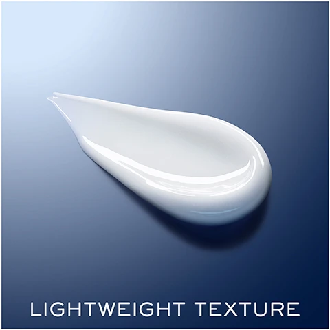 Image 1 - An illustration of a droplet of creamy white product on a smooth blue background with visible text that reads LIGHTWEIGHT TEXTURE.
              Image 2 - A woman applies a skin treatment under her right eye, with a smooth background and text indicating -33% dark circles, +23% smoothness, and -21% eye wrinkles.