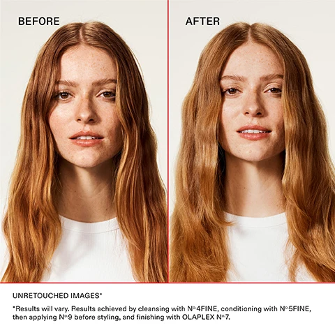 Image 1 - A woman with long, wavy red hair is shown in two side-by-side images labeled BEFORE on the left and AFTER on the right, with visible text below stating UNRETOUCHED IMAGES and details about hair care products used.
              Image 2 - A chart detailing everyday hair concerns with columns labeled Hair Concern, Healthy Hair Goal, and How it Feels, including descriptions such as weighed down and lacks volume, volumizes and strengthens, and lightweight, luxe lather, alongside images of OLAPLEX No. 4 and No. 5 shampoo and conditioner bottles.
              Image 3 - Image shows a graphic titled Test Your Hair Texture — Fine or Medium to Coarse? with instructions on testing hair texture, a comparison of fine versus medium to coarse hair, and displayed products including OLAPLEX N°4 FINE SHAMPOO and N°5 FINE CONDITIONER alongside N°4 and N°5 SHAMPOO & CONDITIONER, with visible text as transcriptions: Can you feel the strand? No, I hardly feel it Yes, I can easily feel it Your Hair Texture Fine Medium to coarse Your Every-Wash Duo N°4 FINE & N°5 FINE SHAMPOO & CONDITIONER.
