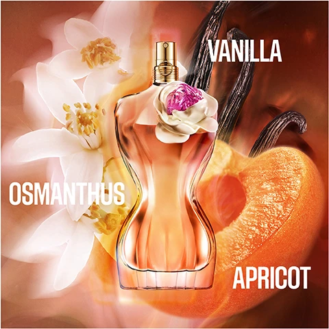 Image 1 - A stylized perfume bottle is surrounded by floral and fruit elements, with visible text labeling OSMANTHUS, VANILLA, and APRICOT.
              Image 2 - Three perfume bottles are displayed: the left bottle is labeled LA BELLE with a pink design and Green Amber, the center bottle is PARADISE GARDEN in blue with Amber Floral, and the right bottle is FLOWER EDITION in orange with Amber Floral, all labeled Eau de Parfum and accompanied by a slider for INTENSITY.