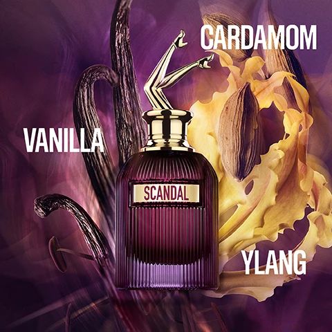 Image 1 - A glass perfume bottle labeled SCANDAL is featured prominently against a colorful background with flowers and vanilla pods, with the words CARDAMOM, VANILLA, and YLANG visible around it.
              Image 2 - Four perfume bottles labeled SCANDAL, INTENSE, LE PARFUM, and ABSOLU are displayed against colorful floral backgrounds, with visible text noting their types: Eau de Parfum, Eau de Parfum Intense, and Parfum Concenté, along with fragrance categories such as Gourmand Chypre, Amber Floral, and Floral Ambery.