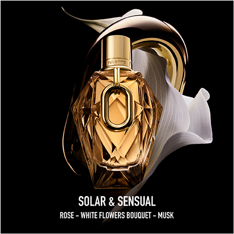 Image 1 - A geometric glass perfume bottle with a gold cap is placed on a black background, accompanied by white flower petals, and features the text SOLAR & SENSUAL ROSE - WHITE FLOWERS BOUQUET - MUSK.