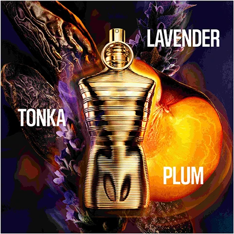Image 1 - A golden perfume bottle is surrounded by lavender, tonka beans, and a slice of plum, with the words TONKA, LAVENDER, and PLUM displayed prominently around it.
              Image 2 - Image shows four bottles of perfume with a mannequin design, labeled LE MALE, LE PARFUM, ELIXIR, and ELIXIR ABSOLU, with descriptions of their scent profiles: Amber AROMATIC, Woody AMBER, Aromatic AMBER, and Amber AROMATIC, alongside an intensity slider at the bottom.