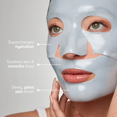 Image 1 - Close-up of a woman wearing a blue sheet mask with text callouts reading Supercharges hydration Soothes skin & smooths lines Dewy, glass skin finish.
              Image 2 - Hands hold a blue hydrogel face mask with labels describing benefits including Electrolytes deeply hydrates, Glycerin plumps & retains moisture, Hydrogel locks in hydration, Allantoin soothes & protects barrier, Magnesium smooths and softens.
              Image 3 - A split image shows a person applying a sheet mask to their face in the top panel and removing it from their face to reveal glossy skin in the bottom panel, with text reading STEP 1 Apply & leave on for 15 minutes. STEP 2 Remove and massage in remaining serum for a glass skin finish.
              Image 4 - Image shows a womans face before, during application of a blue gel mask, and after, with text reading IONPLEX HYDRA-GEL POWER MASK, Instant hydration for glass skin results, BEFORE, AFTER.
              Image 5 - A woman wearing a blue sheet mask has a white device with the text NUFACE held to her temple, and overlaid text reads LOCK IN MOISTURE - THEN LIFT.
              Image 6 - A comparison table titled SEE HOW THEY STACK UP, with text that reads Compare products to see which formula best fits your skin goals, routine, and targeted treatment areas, comparing IonPlex® Hydra-Gel Power Patches and IonPlex® Hydra-Gel Power Mask based on categories including Best for, Key Benefits, Hero Ingredients, Treatment Time, Pair With, Best Prepped With, Texture, Size, Skincare Goal, and Use As A.