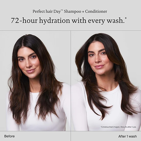 Image 1 - A woman is shown in two side-by-side images displaying her hair before and after using Perfect hair Day Shampoo and Conditioner, with the text above stating 72-hour hydration with every wash.
              Image 2 - Image shows a side-by-side comparison of hair texture; the left side labeled Before shows dry, frizzy hair, while the right side labeled After 14 days shows smoother, healthier-looking hair, with circular insets highlighting the difference in quality, along with the text Transforms hair texture and quality over time. Air-dried results using only Perfect hair Day™ Shampoo + Conditioner.
              Image 3 - Two bottles of Living Proof Perfect Hair Day shampoo and conditioner are displayed, set against a blue background with text stating that the products deliver 72-hour hydration in one wash, restore healthy hair texture and quality, and keep hair cleaner and healthier for longer.
              Image 4 - Image of two shampoo and conditioner bottles labeled Living proof Perfect hair Day with a gradient background, featuring a description that mentions the Sili-CLONE HairTech and its mimicking properties of silicone while improving hair quality, with icons for detangling, sleekness, conditioning, and shine.
              Image 5 - A cluster of iridescent bubbles is set against a blue background, with text displaying Sili-CLONE HairTech, 600+ lab tests, 170+ formula iterations, and 1000+ performance tests.
              Image 6 - A split comparison image showing Sili-CLONE HairTech on the left with benefits including hair becomes healthier, keeps hair cleaner, and promotes longevity of hair health, and Silicone on the right with drawbacks stating hair appears healthy but damage is masked, makes hair dirtier, and can lead to chronic damage.
              Image 7 - A close-up view of long, straight hair with a light-colored background, featuring three hair care product bottles labeled STEP 1 Cleanse, STEP 2 Condition, and STEP 3 Dry shampoo, with the text Hydrate + extend routine above them.