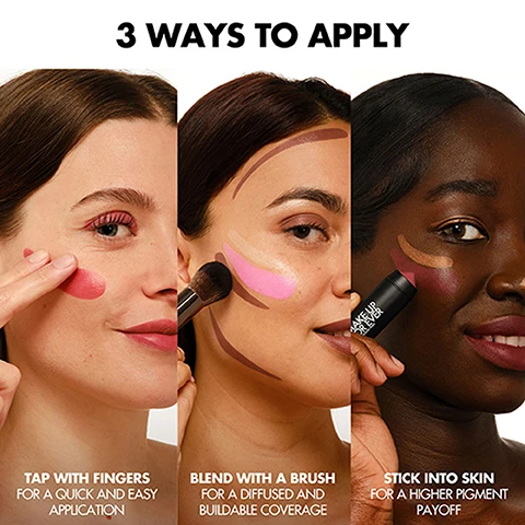 Image 1 - The image titled 3 WAYS TO APPLY displays three women demonstrating makeup application methods: on the left, a woman taps pink blush onto her cheek with her fingers, TAP WITH FINGERS FOR A QUICK AND EASY APPLICATION; in the center, a woman blends pink blush and contour marks with a brush, BLEND WITH A BRUSH FOR A DIFFUSED AND BUILDABLE COVERAGE; and on the right, a woman applies a Make Up For Ever makeup stick directly to her cheek, STICK INTO SKIN FOR A HIGHER PIGMENT PAYOFF. Image 2 - A black makeup stick with a pink, cone-shaped product and loose powder sits against a white background with pink swatches, featuring the text Color Impact Easy-to-Blend Longwear. Image 3 - A four-panel image displays the text SUITABLE FOR CHEEKS, EYES, LIPS in the top-left, a close-up of a bronzed cheek labeled CHEEKS in the top-right, a blue eye with pink eyeshadow labeled EYES in the bottom-left, and a smiling mouth with red lipstick labeled LIPS in the bottom-right. Image 4 - The image shows three pairs of Make Up For Ever Artist Color Pencils and Artist Color Crayons, each with a color swatch on a white background, featuring a red pencil and crayon for Boundless Berry, a warm brown pencil and crayon for Wherever Walnut, and a nude brown pencil and crayon for Anywhere Caffeine; visible text includes Unleash Your Artistry, Pair Artist Color Crayon With Artist Color Pencil, Make Up For Ever on the pencils, and Artist Color Crayon, Stick Crème Multi-Usages, Creamy Multi-Use Stick on the crayons.
