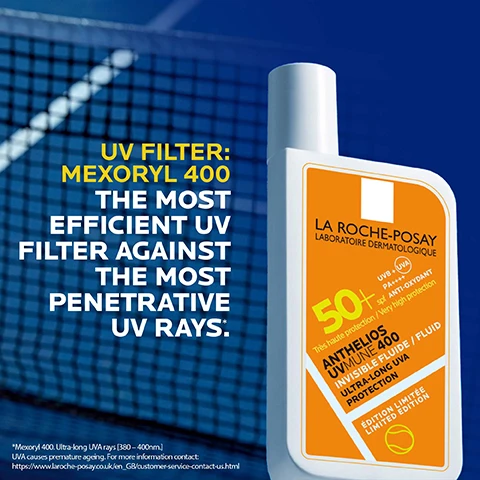Image 1 - A sunscreen bottle with a white body and orange accents is displayed against a blue background, featuring text that reads UV FILTER: MEXORYL 400 THE MOST EFFICIENT UV FILTER AGAINST THE MOST PENETRATIVE UV RAYS. LA ROCHE-POSAY LABORATOIRE DERMATOLOGIQUE 50+ UVB + UVA TRÈS HAUTE PROTECTION ANTHELIOS AUTOMNE 400 INVISIBLE FLUIDE ULTRA-LONG UVA PROTECTION ÉDITION LIMITÉE LIMITED EDITION.
              Image 2 - Image shows three skincare products from La Roche-Posay arranged with numbers 1, 2, and 3: a blue tube labeled Effaclar Purifying Foaming Gel, a blue dropper bottle labeled Hyalu B5 Lifting Booster, and a white bottle labeled Anthelios UVMune 400 Invisible Fluid, all with text detailing their functions.
              Image 3 - A gloved hand holds a bottle of La Roche-Posay Anthelios Invisible Fluid SPF 50+, featuring text that reads N°1 DERMATOLOGIST RECOMMENDED BRAND IN THE UK and LABORATOIRE DERMATOLOGIQUE.