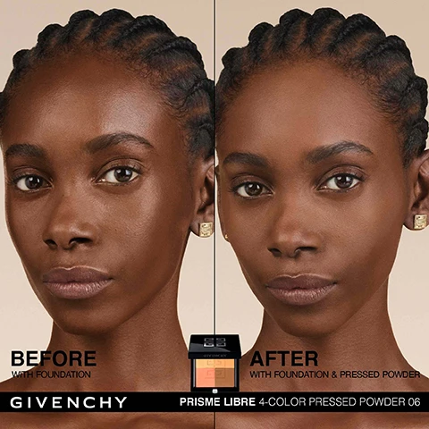 Image 1 - A close-up image shows a womans face divided into two sections labeled Before and After, highlighting the difference in her appearance with makeup applied; visible text includes BEFORE with foundation and AFTER with foundation & pressed powder.
              Image 2 - A four-panel image outlining the application steps for Givenchys Prisme Libre 4-Color Pressed Powder, featuring a makeup brush, a compact with four colors, a model applying the powder, and the final result showing a blurred, luminous matte finish, with visible text indicating each step and the product name.
              Image 3 - Image shows four skin tone swatches labeled as FAIR, LIGHT, MEDIUM, and DEEP, accompanied by product names and numbers for each shade; visible text reads PRISME LIBRE 4-COLOR PRESSED POWDER [FIND YOUR SHADE].
              Image 4 - A compact of Givenchys Prisme Libre 4-color pressed powder sits against a dark background, featuring pastel green, lavender, white, and blue squares, with text stating ALL-DAY MATTE* and HYDRATION* PRESERVED along with [MATTIFYING & BLURRING SETTING POWDER].
              Image 5 - Image shows a compact makeup palette labeled Shade 06 for deep complexions with an arrangement of four color sections around it. The visible text states: Corrects blue tones, Boosts skins radiance, Corrects & conceals shadows, and Unifies skintone, with the instruction Mix together the 4 colors for a perfectly blurred complexion.
