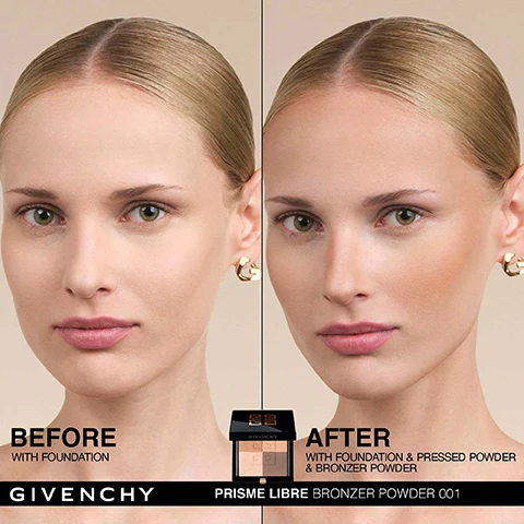 Image 1 - A side-by-side image showing a woman’s face, with the left side labeled Before with foundation and the right side labeled After with foundation and pressed powder & bronzer powder, highlighting the differences in makeup application.
              Image 2 - A side-by-side image showing a woman with long dark hair, demonstrating the application of bronzer, with lines indicating the bronzer placement on her face and instructional text reading STEP 1: APPLY on the left and STEP 2: BLEND on the right, as well as the product name PRISME LIBRE BRONZER POWDER at the top.
              Image 3 - Three hands hold a compact of Givenchy Prisme Libre Bronzer Powder, with swatches on the arms below showing three shades labeled H001, H002, and H003.
              Image 4 - Image of three different skin tones showing the PRISME LIBRE BRONZER POWDER makeup shades, labeled from top to bottom as Fair to Light with N°001 Mousseline Bronzée, Light to Medium with N°002 Popeline Bronzée, and Medium to Deep with N°003 Organza Bronzée, with the text [FIND YOUR SHADE] at the top.
              Image 5 - An image of a compact bronzer powder from Givenchy that features a quilted design in shades of brown, with visible text reading PRISME LIBRE BRONZER POWDER [BRONZING & SCULPTING POWDER], ALL-DAY MATTE*, and BUILDABLE SUN-KISSED EFFECT.
