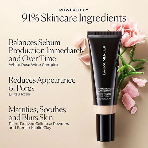 Image 1 - The image shows a tube of Laura Merciers tinted moisturizer with a background featuring soft colors, accompanied by text that highlights its features: powered by 91% skincare ingredients, balances sebum production immediately and over time, reduces appearance of pores, and mattifies, soothes, and blurs skin.
              Image 2 - A color comparison chart showing new shades for tinted moisturizers, listing old shades on the left and corresponding new shades on the right, along with product details including SPF.
              Image 3 - Image shows two tubes of foundation side by side with a beige background; the top tube is labeled with text describing its features: Blurred Matte Finish, All-Day Comfortable Shine Control, and Oil Free, while the bottom tube lists improved features: All-Day Longwear, 24HR Shine Control, 16HR Skin-Balancing Hydration, Optimized Shade Range Without Oxidation, and Increased Sun Protection to SPF 30 UVB/UVA/PA+++.
              Image 4 - Image shows three tubes of tinted moisturizer in a row, labeled as Laura Mercier with descriptions of their features and benefits underneath each tube, including SPF ratings and recommended skin types.