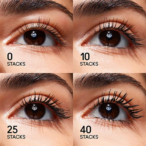Image 8 - A four-panel image displays a close-up of an eye demonstrating progressive mascara application, with the top left showing natural lashes labeled 0 STACKS, top right showing lightly coated lashes labeled 10 STACKS, bottom left showing more voluminous lashes labeled 25 STACKS, and bottom right showing heavily volumized and clumped lashes labeled 40 STACKS. Image 9 - A black MAC Stack mascara tube stands closed next to an open tube with a pink mascara wand, on a dark grey background with text that reads: ENDLESSLY BUILDABLE VOLUME 95% AGREE INSTANT LASH LIFT AND LENGTH MASCARA BUILDS ENDLESSLY *Consumer testing on 111 panelists after using Superstack Mega Brush for one week.