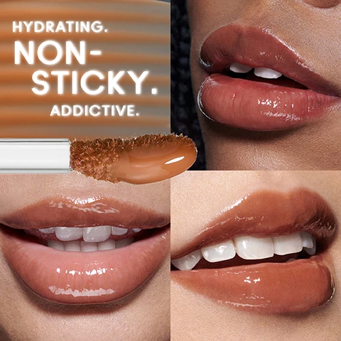 Image 1 - Image shows a close-up view of lips coated with a glossy lip product, including a lip applicator with product, alongside three different sets of lips showcasing a shiny finish; visible text includes HYDRATING. NON-STICKY. ADDICTIVE.
              Image 2 - An image of a MAC Lipglass product with a clear tube and a soft applicator, surrounded by ingredients like jojoba seed oil, meadowfoam seed oil, and coconut oil, with text stating MADE WITH A 7% BLEND OF PURE BOTANICALS and labels for the oils.