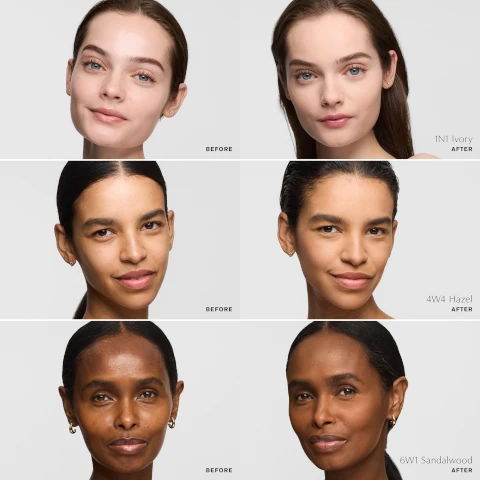 Three rows of split images showing before and after foundation on three different models with text overlays that say BEFORE, 1N1 Ivory AFTER, 4W4 Hazel AFTER, and 6W1 Sandalwood AFTER.