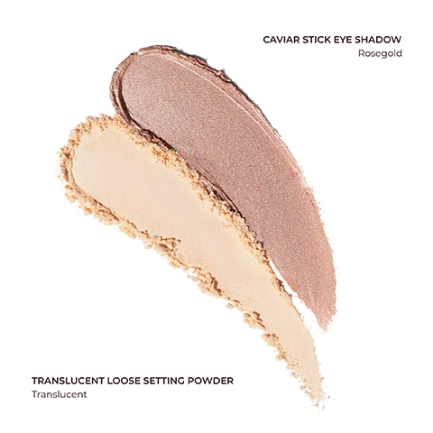 Image 1 - A makeup image featuring two horizontal swatches, one of a shimmery rose gold eye shadow labeled as Caviar Stick Eye Shadow Rosegold, and a creamy beige loose setting powder labeled as Translucent Loose Setting Powder Translucent.
              Image 2 - A side-by-side comparison of a womans face labeled Before on the left and After on the right, showing improved skin texture and tone, with visible text reading Before and After TRANSLUCENT.
              Image 3 - A split image showing a woman’s face with visible differences; the left side labeled Before shows a glossier appearance, while the right side labeled After displays a matte look with the word TRANSLUCENT beneath it.
              Image 4 - Image showing a side-by-side comparison of a young mans face labeled Before on the left and After on the right with the word TRANSLUCENT below the right image.
              Image 5 - A collage featuring a shimmery rose gold eyeshadow swatch and close-up portraits of two models displaying rose gold eyeshadow on their eyelids, with the text ROSEGOLD visible.