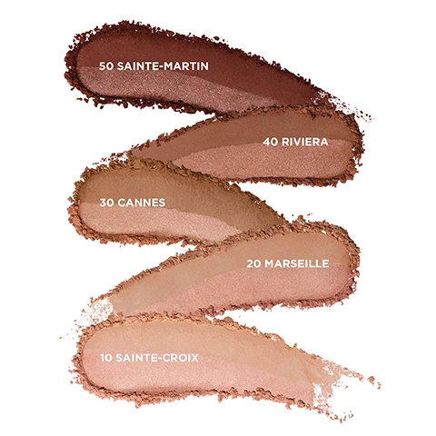 Image 1 - Image shows five swatches of makeup in varying shades of brown and beige, labeled from top to bottom as 50 SAINTE-MARTIN, 40 RIVIERA, 30 CANNES, 20 MARSEILLE, and 10 SAINTE-CROIX.
              Image 2 - Image features five model faces displaying different makeup looks, with skin tones ranging from light to deep; visible text includes shade names 10 Sainte-Croix, 20 Marseille, 30 Cannes, 40 Riviera, 50 Sainte-Martin, and an embossed logo reading LV.
              Image 3 - Three arms are shown displaying a range of foundation swatches in various skin tones, labeled from left to right with the names Sainte-Croix, Marseille, Cannes, Riviera, Sainte-Martin, and numbered from 10 to 50.
              Image 4 - A product display featuring a compact of Laura Mercier makeup with a wavy, textured background and four additional product boxes, accompanied by promotional text highlighting features such as Soft Warmth, Radiance and Definition in One Step, 12HR Longwear, Smooth, Blurred Finish, and Talc-Free.
              Image 5 - A makeup product compact is shown, featuring a soft matte shade labeled SCULPT for definition on the left and a luminous rose shade labeled GLOW for warmth on the right, with the text Lit-From-Within Warmth and Radiance and the brand name Laura Mercier displayed prominently.
              Image 6 - A close-up portrait of a woman with smooth skin and dark hair, accompanied by text instructions for applying makeup products including Lauras One-Step Bonne Mine and Lauras Traditional Bonne Mine, which detail techniques for using an angled cheek contour brush and applying shades to various facial areas.
              Image 7 - A chart titled Find Your Flawless displaying recommendations for makeup products, featuring sections for IF YOU WEAR with tinted moisturizers and TRY with foundations, alongside a BRONZE COLOR INFUSION section at the bottom, listing various shades and their corresponding names.
              Image 8 - Image shows a close-up of a womans face, comparing her skin appearance before and after using a product, with text labels Before on the left and After on the right, and 30 CANNES below the images.