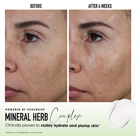 Image 1 - Before and after comparison of a persons face showing skin improvement, with text that reads BEFORE, AFTER 4 WEEKS, POWERED BY EXCLUSIVE MINERAL HERB Complex, Clinically proven to visibly hydrate and plump skin*, *Based on an independent clinical study, and a swatch of white cream. Image 2 - A woman holds a jar of bareMinerals SKINLONGEVITY Butter Drench Cream, with text overlay that reads CLINICALLY PROVEN 100% showed improvement in hydration* 267% boost in hydration immediately* and *Based on an independent clinical study. Image 3 - Close-up of a woman applying cream to her cheek with text that says 96% said skin looks smoother and feels softer* 93% said skin is more supple and texture is improved* 90% said skin looks and feels more hydrated* *Based on an independent consumer study after four weeks. Image 4 - A photo of bareMinerals SKINLONGEVITY skincare products surrounded by plants and roots with the text Real MINERALS. Better SKIN. and bullet points listing benefits: Clean, Mineral-rich formula, Vegan and cruelty free, Non-comedogenic, Dermatologist-tested, Non-irritating, Suitable for all skin types, even sensitive skin. Image 5 - The image shows four bareMinerals SKINLONGEVITY skincare products with text outlining the YOUR NEXT-GENERATION Routine including 1. CLEANSER PURIFY Clarify and smooth skin, 2. SERUM BOOST Reinforce skin barrier and boost radiance, 3. EYE CREAM TREAT Soften fine lines and wrinkles, and 4. MOISTURIZER NOURISH Plump and nourish skin, with the products identified as Cushion Cloud Foaming Cleanser, Barrier Boosting Serum, Revitalizing Eye Cream, and Butter Drench Rich Cream. Image 6 - A jar of bareMinerals cream with text reading BETTER FOR SKIN. BETTER FOR EARTH. 100% CERTIFIED post-consumer recycled plastic lid. 100% infinitely recyclable glass jar. bareMinerals SKINLONGEVITY BUTTER DRENCH CREAM MINERAL HERB COMPLEX CREME REPARATRICE AU COMPLEXE DE MINERAUX ET DE PLANTES.