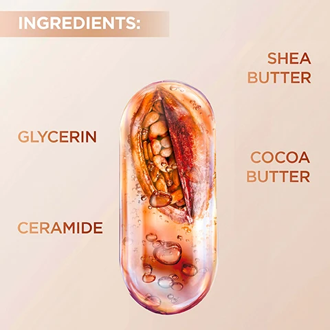 Image 1 - Image shows a translucent capsule containing seeds and liquid with bubbles, and the text INGREDIENTS: GLYCERIN CERAMIDE SHEA BUTTER COCOA BUTTER. Image 2 - A white tub of Garnier Ceramide Nourishing Body Butter with a brown lid is displayed on white shapes, showing text Garnier Ceramide Nourishing Body Butter Up to 100h Hydration* 10% Glycerin + Shea Butter + Cocoa + Ceramide Extra Dry Skin - Fast Absorption Natural 96% Origin Ingredients, plus surrounding text Ceramide Nourishing Body Butter and For Hands, Body and Feet. Image 3 - Split image shows a persons shoulder before and after hydration, with text HYDRATES UP TO 10 CELL LAYERS DEEP*, labels BEFORE and AFTER, and fine print *up to 10 cell layers of the stratum corneum. Image 4 - A white tub of Garnier Ceramide Nourishing Body Butter is shown against a creamy background with the text INTENSE MOISTURE BOOST GARNIER NATURAL 96% ORIGIN INGREDIENTS CERAMIDE NOURISHING BODY BUTTER Up to 100h HYDRATION 10% GLYCERIN + SHEA BUTTER + COCOA + CERAMIDE EXTRA DRY SKIN - FAST ABSORPTION. Image 5 - A person holds a tube of Garnier Ceramide Nourishing Hand Cream which says Up to 48h Hydration, 23% Glycerin, Extra Dry, Rough Hands, Natural 98% Origin Ingredients, Cruelty Free International Leaping Bunny, Vegan Formula, next to a graphic and text stating Effect Remains After Hand Washing *Consumer test, 50 subjects. Image 6 - A Garnier Ceramide Nourishing Hand Cream tube is displayed with ingredients ceramide and cocoa butter, featuring text UP TO 48 HOUR HYDRATION NOURISHING HAND CREAM GARNIER CERAMIDE NOURISHING HAND CREAM UP TO 48h HYDRATION 23% GLYCERIN + COCOA and CERAMIDE EXTRA DRY, ROUGH HANDS CERAMIDE COCOA BUTTER NATURAL 98% ORIGIN INGREDIENTS EFFECT REMAINS AFTER HAND WASHING Cruelty Free INTERNATIONAL VEGAN FORMULA *INSTRUMENTAL TEST, 24 SUBJECTS. Image 7 - A hand holds a Garnier hand cream tube. Text reads GARNIER NATURAL 98% ORIGIN INGREDIENTS CERAMIDE NOURISHING HAND CREAM UP TO 48h HYDRATION 23% GLYCERIN + COCOA and CERAMIDE EXTRA DRY, ROUGH HANDS EFFECT REMAINS AFTER HAND WASHING Cruelty Free INTERNATIONAL VEGAN FORMULA. Image 8 - The image displays two Garnier hand cream tubes side by side with an arrow pointing from the left to the right and text above that reads NEW PACK. SAME GREAT RESULTS, the left tube is Garnier CERAMIDE NOURISHING HAND CREAM UP TO 48h HYDRATION 23% GLYCERIN + COCOA and CERAMIDE EXTRA DRY, ROUGH HANDS, Cruelty Free International Leaping Bunny logo, VEGAN FORMULA, and the right tube is Garnier NEW TUBE INTEGRATING CARDBOARD Hand SUPERFOOD 48h REPAIRING BALM HYDRA Enriched with [COCOA BUTTER + CERAMIDE] Very dry, rough hands, EFFECT REMAINS AFTER HAND WASHING logo, with both tubes showing NATURAL 98% ORIGIN INGREDIENTS.