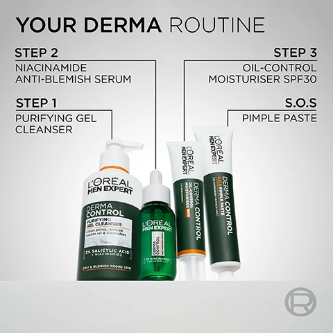 Image 1 - The image shows four LOreal Men Expert Derma Control skincare products arranged below text reading YOUR DERMA ROUTINE Step 1 Purifying Gel Cleanser, Step 2 Niacinamide Anti-Blemish Serum, Step 3 Oil-Control Moisturiser SPF30, and S.O.S Pimple Paste, with further text visible on the product labels including LOreal Men Expert Derma Control, Purifying Gel Cleanser Clean pores, remove excess oil & blemishes 2% Salicylic Acid + Niacinamide OILY & BLEMISH PRONE SKIN, Anti-Blemish Serum 3% Niacinamide + Salicylic Acid, Oil-Control Moisturiser SPF30, and S.O.S Pimple Paste [5% Niacinamide + Glycolic Acid]. Image 2 - A man holding LOréal Men Expert Derma Control product. LORÉAL PARIS MEN EXPERT R NOUVEAU DERMA CONTROL GEL MOUSSANT PURIFIANT ANTI-IMPERFECTIONS Désobstrue les pores, élimine lexcès de sébum & réduit les imperfections 2% ACIDE SALICYLIQUE + NIACINAMIDE PEAUX GRASSES À TENDANCE ACNÉIQUE GET YOUR DERMA DRAMA UNDER DERMA CONTROL YOURE WORTH IT. Image 3 - Close-up of a person applying serum with a dropper to their face, with text DERMA CONTROL ANTI-BLEMISH SERUM, ✓ REDUCES OIL PRODUCTION, and ✓ REMOVES IMPERFECTIONS, SPOTS & POST-ACNE MARKS. Image 4 - A tube of LOreal Men Expert Derma Control product next to a smear of green paste, with the text FOR THE WORST KIND OF PIMPLES, LOREAL MEN EXPERT, DERMA CONTROL PÂTE S.O.S ANTI-IMPERFECTIONS [5% NIACINAMIDE + ACIDE GLYCOLIQUE], -34% SPOT VOLUME IN TWO NIGHTS*, 75% CONFIRM LESS VISIBLE IMPERFECTIONS**, *CLINICAL TEST, 45 VOLUNTEERS, AFTER 2 APPLICATIONS AS A PIMPLE PASTE., **AFTER ONE MASK APPLICATION, CONSUMER TEST, 114 CONSUMERS., and a circled R symbol. Image 5 - A tube of LOréal Men Expert Derma Control Hydratant Matifiant SPF30 with some cream squeezed out, next to text listing benefits: HEALTHY LOOKING SKIN*, VISIBLY LESS OILY, SMOOTHER FEEL, CLEARER LOOK, FAST ABSORPTION, and a note: *CONSUMER TEST, 85 VOLUNTEERS. Image 6 - Image showing a side by side comparison of skin with blemishes before and after treatment, with text that reads CLINICALLY TESTED ON ALL SKIN TONES, BEFORE, AFTER*, and *MEAN CASE AFTER APPLYING THE SERUM FOR 56 DAYS/2MONTHS, CLINICAL TEST ON 35 VOLUNTEERS. Image 7 - A young man with blonde hair and blue eyes is shown with the text TAKE CONTROL OF ACNE WITH DERMA CONTROL CREATED BY VALIDATED WITH DERMATOLOGISTS LOREAL PARIS SUITABLE FOR ALL SKIN TONES & TYPES SUITABLE FOR SENSITIVE SKIN.