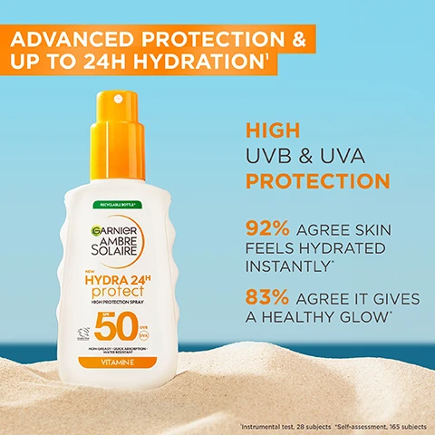Image 2 - A bottle of Garnier Ambre Solaire sunscreen spray with a white and orange design sits on a sandy beach, accompanied by text stating advanced protection, high UVB & UVA protection, and statistics about skin hydration and glow.
              Image 3 - An orange gel-like droplet is surrounded by a smooth, white cream, with labels pointing to key ingredients: Glycerin, Vitamin E, and Shea Butter.
              Image 4 - A blue background with clusters of water droplets is depicted, accompanied by the text LIGHTWEIGHT TEXTURE and descriptions stating ABSORBS QUICKLY, NON-GREASY & NON-STICKY, INVISIBLE FINISH, NO WHITE CAST, and WATER, SWEAT & SAND-RESISTANT.
              Image 5 - An image of a bottle of Garnier Ambre Solaire sun protection spray with instructions on how to use it, stating three steps: STEP 1. SPRAY PRODUCT ONTO HANDS, STEP 2. APPLY ONTO SKIN BEFORE SUN EXPOSURE, STEP 3. RE-APPLY FREQUENTLY AND GENEROUSLY TO MAINTAIN PROTECTION.
              Image 6 - A young man with curly hair poses next to a sunscreen bottle labeled LOréal Men Expert Hydra Energetic SPF 50+, with the text ALWAYS WEAR SUN PROTECTION and BECAUSE YOURE WORTH IT.
              Image 7 - Image of two bottles of LOréal Men Expert Hydra Energetic sunscreen on an orange background, with text highlighting features such as non-oily, invisible finish even on beards, UVA & UVB protection, and skin feels hydrated and refreshed.
              Image 8 - A young man with curly hair is applying a cream to his face, smiling, with an orange background and text that reads EASY TO APPLY, LIGHTWEIGHT FORMULA, and NON-STICKY.