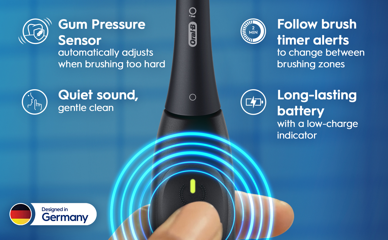 An image of an Oral-B electric toothbrush with highlights on features including a gum pressure sensor, quiet operation, a timer for brushing zones, and a long-lasting battery with a low-charge indicator, along with a logo indicating it was designed in Germany.