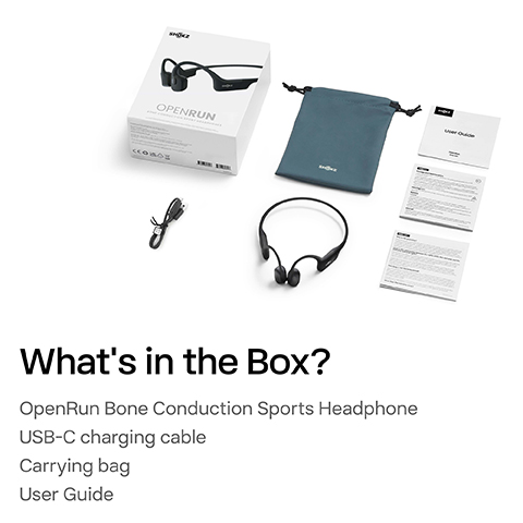 Image of a product unboxing showing the OpenRun Bone Conduction Sports Headphone, a USB-C charging cable, a green carrying bag, and a user guide, with the title Whats in the Box? displayed prominently above.
