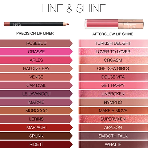 Image 1 - A NARS Precision Lip Liner and Afterglow Lip Shine shown next to lists of shade names with color swatches for each product with the text LINE & SHINE PRECISION LIP LINER NARS AFTERGLOW LIP SHINE ROSEBUD GRASSE ARLES HALONG BAY VENCE CAP DAIL LE LAVANDOU MARNIE MOROCCO LÉRINS MARIACHI SPUNK RIDE IT TURKISH DELIGHT LOVER TO LOVER ORGASM CHELSEA GIRLS DOLCE VITA GET HAPPY UNBROKEN NYMPHO MAKE A MOVE SUPERVIXEN ARAGÓN SMOOTH TALK WHAT IF. Image 2 - Close-up of a persons face with shiny lips and eye makeup MAKE A MOVE Image 3 - Grid showing five shades of lip gloss: tawny beige, shimmering rose bronze, red chestnut, cocoa brown, and rich chocolate applied to lips on different skin tones, with text labels MAKE A MOVE 278 TAWNY BEIGE, SUPERVIXEN 295 SHIMMERING ROSE BRONZE, ARAGON 277 RED CHESTNUT, SMOOTH TALK 279 COCOA BROWN, WHAT IF 280 RICH CHOCOLATE.