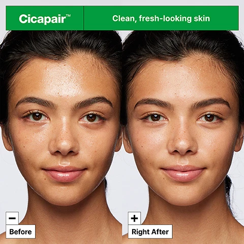 Image 1 - A split image showing a young woman with skin before and after treatment; the left side labeled Before shows visible blemishes, while the right side labeled Right After shows smoother, clearer skin; green text above reads Cicapair™ Clean, fresh-looking skin.
              Image 2 - A smiling woman with a green tank top is playfully applying foamy cleanser to her face against a bright green background; visible text includes Removes: + Makeup + Impurities + Daily debris.
              Image 3 - A bottle of Dr. Jart+ Cicapair Gentle Cleansing Foam is positioned against a green background with white foam in the foreground, featuring text that says + No sulfates + Non-stripping + Gentle on skin.