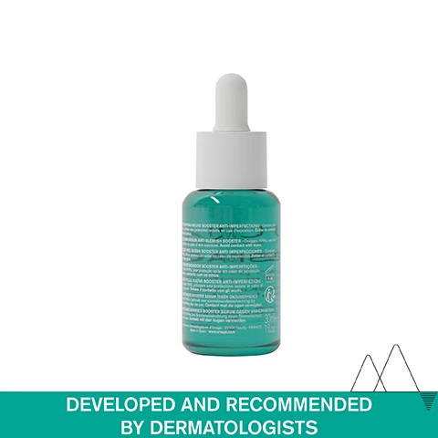 Image 1 - A turquoise bottle with a white dropper lid contains an anti-blemish serum, featuring text on the back about its ingredients and benefits, with a label at the bottom stating DEVELOPED AND RECOMMENDED BY DERMATOLOGISTS.
              Image 2 - A close-up of a womans face showing a drop of serum being applied to her skin, with labels indicating Light & fresh texture and Non-sticky & non-greasy, alongside the text HORMONAL ACNE & EMOTIONAL STRESS.
              Image 3 - Image of a teal bottle of anti-blemish serum with a dropper, labeled HYSEAC by URIAGE, featuring text stating ANTI-BLEMISH SERUM WITH 5.8% PURE AHA & ZINC, EFFECTIVE FROM 1ST APPLICATION*, and -67% BLEMISHES**, along with a note about 94% ingredients of natural origin.
              Image 4 - Image shows a graphical representation of a dermatological product featuring a blue gradient background and various icons, with text including ADVANCED DERMATOLOGICAL FORMULA, 5.8% PURE AHA, refinines & improves skin texture, unclogs pores, ZINC, regulates the overproduction of sebum with purifying properties, [ENDO-REGUL PATENT], acts on stress-induced imperfections, and URIAGE THERMAL WATER, 100% pure & natural, softens & soothes all skin types.
              Image 5 - A scenic mountain landscape with snow-capped peaks in the background and text stating Developed and recommended by dermatologists, Suitable for acne-prone skin, and 94% ingredients of natural origin.
              Image 6 - Image shows three skincare products arranged vertically with the brand name Uriage. The first product is a green cleansing gel labeled Cleanse, the second is an oil dropper labeled Smooth, and the third is a cream labeled Correct.
              Image 7 - A turquoise serum bottle with a dropper cap, labeled URIAGE HYSEAC and featuring the text Sérum peau neuve Booster anti-imperfections New skin serum Anti-blemish booster, accompanied by a blue circular logo that says Recommended by Dermatologists.