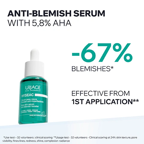 Image 1 - A teal green Uriage Hyséac anti-blemish serum bottle with a white dropper top is shown on a white background, with the prominent text ANTI-BLEMISH SERUM WITH 5,8% AHA, -67% BLEMISHES*, and EFFECTIVE FROM 1ST APPLICATION**, while the bottle label reads URIAGE EAU THERMALE, HYSEAC, Sérum peau neuve Booster anti-imperfections, New skin serum Anti-blemish booster, BOUTONS - PORES - RIDULES, BLEMISHES - PORES - FINE LINES, URIAGE, LEAU THERMALE DES ALPES, and the bottom of the image includes the fine print *Use test – 32 volunteers: clinical scoring **Usage test - 32 volunteers - Clinical scoring at 24h: skin texture, pore visibility, fines lines, redness, shine, complexion radiance. Image 2 - A close-up of a persons face shows a dropper dispensing a serum onto their skin, with text overlays that read: SKIN PRONE TO HORMONAL ACNE & EMOTIONAL STRESS, LIGHTWEIGHT FRESH SERUM, NON-STICKY & NON-GREASY, NO PILLING. Image 3 - The image features three petri dishes representing ingredients: one with a liquid containing oil droplets for 5,8% PURE AHA that Refines, improves skin texture & unclogs pores; another with white powder for ZINC that Regulates the overproduction of sebum with purifying properties; and a third with clear rippling water for URIAGE REPAIRING THERMAL WATER that is 100% pure & natural and Softens & soothes all skin types, all presented under the title ADVANCED DERMATOLOGICAL FORMULA. Image 4 - The image features a close-up of skin with several red blemishes on the right, contrasted with a white background on the left containing text and a circular logo that read: EXCLUSIVE PATENT*, URIAGE, ENDO REGUL, BREVET DÉPOSÉ, PATENT PENDING, ACTS ON STRESS-INDUCED IMPERFECTIONS, *French patent. Image 5 - Two close-up photos of skin, comparing before and after treatment, show significant reduction in blemishes, with text stating CLINICAL RESULTS, BEFORE D0, AFTER D29, -67% BLEMISHES*, and *Use test – 18 volunteers – 29 days: count. Image 6 - A smiling Asian male dermatologist wearing glasses and a white lab coat is depicted. The image contains text reading: RECOMMENDED BY DERMATOLOGISTS To smooth out imperfections in oily skins prone to blackheads, pimples and uneven texture, use a localized application of active ingredients like AHA or ZINC Certified dermatologist Dr. Danny Guo Dr. Guo, MD FRCPC Mohs Surgeon. Image 7 - An infographic titled Committed to Healthy Skin features four icons: a doctor icon for Developed & Recommended by Dermatologists, a magnifying glass on a face icon for Suitable for Acne-Prone Skin, a pore icon for Non-Comedogenic, and a leaves icon for 94% Ingredients of Natural Origin. Image 8 - The image shows three Uriage Hyseac skincare products, a cleansing gel tube, a serum dropper bottle, and a face cream tube, arranged in a three-step routine on a diagonal teal band against a white background, with text that reads: STRESS & HORMONAL INDUCED BLEMISH ROUTINE, CLEANSES GEL, URIAGE EAU THERMALE PIROCTONE OLAMINE GLYCERIN HYSEAC Gel nettoyant anti-imperfections Nettoie, matifie, purifie Anti-blemish cleansing gel Cleanses, mattifies, purifies PORES - BRILLANCES - IMPURETÉS PORES - SKIN SHINE - IMPURITIES Peaux grasses à tendance acnéique Oily skin prone to blemishes VISAGE - CORPS FACE - BODY NON COMÉDOGÈNE URIAGE LEAU THERMALE DES ALPES 150 ml e 5 fl.oz., STEP 1, SMOOTHES SERUM, URIAGE EAU THERMALE HYSEAC Sérum peau neuve Booster anti-imperfections New skin serum Anti-blemish booster BOUTONS - PORES - RIDULES BLEMISHES - PORES - FINE LINES URIAGE LEAU THERMALE DES ALPES 30ml, STEP 2, CORRECTS FACE CREAM, URIAGE EAU THERMALE HYSEAC 3-REGUL+ Soin global anti-imperfections Global anti-blemish care BOUTONS - POINTS NOIRS - BRILLANCES BLEMISHES - BLACKHEADS - SKIN SHINE Peaux grasses à tendance acnéique Oily skin prone to blemishes URIAGE LEAU THERMALE DES ALPES 40 ml e, STEP 3.