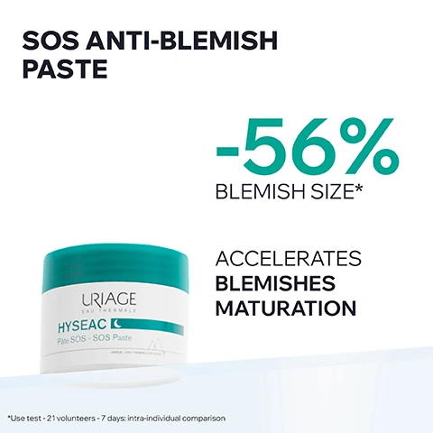 Image 1 - A white and teal jar of Uriage Hyseac SOS Paste is displayed with promotional text reading SOS ANTI-BLEMISH PASTE, -56% BLEMISH SIZE*, ACCELERATES BLEMISHES MATURATION, URIAGE EAU THERMALE, HYSEAC Pâte SOS - SOS Paste, URIAGE, LEAU THERMALE DES ALPES, and *Use test - 21 volunteers - 7 days: intra-individual comparison. Image 2 - A close-up of a persons chin shows two small dots of white product applied to the skin, with a hand featuring light pink manicured nails gently touching the face, and overlaid text reading OILY SKIN PRONE TO BLEMISHES, THICK GREEN CLAY TEXTURE, LOCAL CARE. Image 3 - An infographic displays three clear dishes, showing tea tree sprigs in yellow oil, green clay paste, and white zinc powder, with text that reads Advanced Dermatological Formula, Tea Tree* Accelerates spot maturation *Tea tree component extract, Green Clay Dries out spots, and Zinc Regulates the overproduction of sebum with purifying properties. Image 4 - An image showing text on a white background on the left and a close-up of textured skin with visible pores and blemishes on the right, with a circular dark blue emblem overlapping both sections; visible text reads: EXCLUSIVE PATENT*, MATTIFIES, REGULATES SEBUM EXCESS, BREVET URIAGE, LICORICE, URIAGE PATENT, *French patent. Image 5 - A smiling woman with braided hair and a white collared shirt is shown next to a large teal opening quotation mark and text that reads: RECOMMENDED BY DERMATOLOGISTS In acne-prone skin, isolated blemishes are soothed and resolved by fast-acting topicals with select key ingredient. Certified dermatologist Dr. Emma Amoafo-Mensah. Image 6 - A graphic displaying product features with icons and text: Committed to Healthy Skin, Developed & Recommended by Dermatologists illustrated by a doctor icon, Suitable for Acne-Prone Skin illustrated by a face with a magnifying glass icon, and Non-Comedogenic illustrated by a pore icon. Image 7 - An image displays a four-step anti-blemish skincare routine with Uriage Hyseac products, featuring a cleansing gel, a serum, a cream, and a local care paste, with visible text reading: ANTI-BLEMISH SOLUTION, CLEANSES GEL URIAGE EAU THERMALE PIROCTONE OLAMINE GLYCERIN HYSEAC Gel nettoyant anti-imperfection Nettoie, matifie, purifie Anti-blemish cleansing gel Cleanses, mattifies, purifies PORES - BRILLANCES - IMPURETES PORES - SHINE - IMPURITIES Peaux grasses à tendance acnéique Oily skin prone to blemishes VISAGE - CORPS FACE - BODY NON COMEDOGENE URIAGE LEAU THERMALE DES ALPES 150ml e 5fl oz STEP 1, SMOOTHES SERUM URIAGE EAU THERMALE HYSEAC Sérum peau neuve Booster anti-imperfections New skin serum Anti-blemish booster BOUTONS - PORES - RIDULES BLEMISHES - PORES - FINE LINES URIAGE LEAU THERMALE DES ALPES STEP 2, CORRECTS CREAM URIAGE EAU THERMALE HYSEAC 3-REGUL+ Soin global anti-imperfections Global anti-blemish care BOUTONS - POINTS NOIRS - BRILLANCES BLEMISHES - BLACKHEADS - SHINE Peaux grasses à tendance acnéique Oily skin prone to blemishes URIAGE LEAU THERMALE DES ALPES STEP 3, TREATS LOCAL CARE followed by a crescent moon icon URIAGE EAU THERMALE HYSEAC SOS Pâte SOS Past STEP 4.