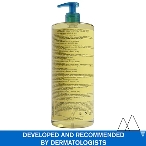 Image 1 - A large, transparent bottle of soothing shower and bath oil with a pump top, featuring a yellow liquid inside and extensive product information in different languages on the back, alongside the text DEVELOPED AND RECOMMENDED BY DERMATOLOGISTS at the bottom.
              Image 2 - A close-up image of a womans shoulder with a drop of oil on it, her hand gently resting on her skin, accompanied by text that states Mild foaming nourishing gel-in-oil and Face & Body, along with VERY DRY SKIN - PRONE TO ATOPY at the bottom.
              Image 3 - A close-up image of a young boy with curly hair resting against a woman with long, straight hair, both smiling softly; text on the image states -75% of tightness and Cleanses & soothes itching sensation.
              Image 4 - An infographic titled Advanced Dermatological Formula features several key ingredients with their benefits, including a patent for Cerasterol-2F, Shea Butter Extract, Glycerin 19%, and Uriage Thermal Water alongside icons representing each extract.
              Image 5 - A scenic view of snow-capped mountains reflected in a lake with text stating Recommended by dermatologists, Suitable for patients on cancer treatment, Fragrance-free, Soap-free & Preservative free, and Physiological pH.