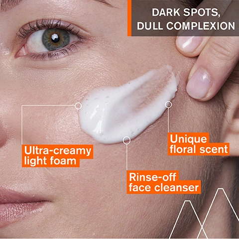 Image 1 - A close-up shows a foamy white face cleanser on a persons cheek, with text labels indicating Ultra-creamy light foam, Unique floral scent, and Rinse-off face cleanser, all for DARK SPOTS, DULL COMPLEXION. Image 2 - A white tube of URIAGE EAU THERMALE DÉPIDERM Brightening cleansing foaming cream with Vitamin C is displayed, accompanied by text proclaiming +55% BRIGHTNESS* LEAVING SKIN FRESH & LUMINOUS*, and a footnote *Use test - 21 volunteers - 28 days : autoscorage. Image 3 - A promotional graphic describes a skincare product titled ADVANCED DERMATOLOGICAL FORMULA, outlining its four key ingredients and benefits: MELA TECHNOLOGY offers Dark spot correction & prevention and is 100% natural origin, represented by a blue Technology icon; VITAMIN C acts as a Radiance booster & antioxidant, with a blue droplet icon featuring a flower; NIACINAMIDE provides Even skin tone, illustrated by a blue droplet icon with a flower and the word Niacinamide; and URIAGE THERMAL WATER, described as 100% pure & natural, Softens & soothes all skin types, is accompanied by a blue mountain icon surrounded by LEAU THERMALE DES ALPES URIAGE FRENCH ALPS THERMAL WATER, all presented on a light blue background featuring a blurry glass dropper bottle. Image 4 - The image shows a three-step anti-dark spot skincare routine featuring a white tube, an orange dropper bottle, and a white pump bottle, displayed on a white background with an orange bottom section, featuring the visible text: ANTI-DARK SPOT ROUTINE CLEANSES FOAMING CREAM STEP 1 URIAGE EAU THERMALE VITAMIN DÉPIDERM Crème mousse nettoyante éclat Nettoie, unifie, illumine Brightening cleansing foaming cream Cleanses, unifies, illuminates TEINT TERNE DULL COMPLEXION Tous peaux All skin types URIAGE, LEAU THERMALE DES ALPES 100mLe 3.4fl.oz SMOOTHES SERUM STEP 2 URIAGE EAU THERMALE DÉPIDERM Sérum anti-taches Booster éclat Anti-dark spot serum Brightening booster TACHES - TEINT TERNE DARK SPOTS - DULL COMPLEXION Tous peaux All skin types CORRECTS FACE CREAM STEP 3 URIAGE EAU THERMALE DÉPIDERM Soin intensif anti-taches Anti-dark spot intensive care TACHES - TEINT TERNE DARK SPOTS - DULL COMPLEXION Tous peaux All skin types. Image 5 - A graphic showing snow-capped mountains and a glacier under a blue sky, with three white circles connected by a line, each featuring a blue icon and an orange text box that reads Developed and recommended by dermatologists, Suitable for all skin types, Non-comedogenic.