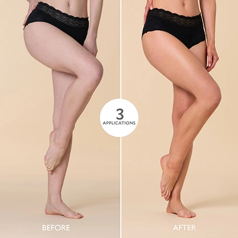 Image 1 - A split image shows a womans legs and lower torso in black underwear, comparing a pale complexion on the left labeled BEFORE to a tanned complexion on the right labeled AFTER, with a central overlay stating 3 APPLICATIONS. Image 2 - A before-and-after image showing a persons legs with fair skin on the left and a significantly darker, tanned skin tone on the right, with text that reads BEFORE, AFTER, 3 APPLICATIONS. Image 4 - A before and after comparison shows a person with fair skin in the top section and significantly darker, tanned skin in the bottom section, wearing a black sports bra and black lace underwear, with the text BEFORE, AFTER, and 3 APPLICATIONS visible. Image 5 - A before and after comparison of a womans torso wearing a white bra and underwear, with the top image showing lighter skin and the bottom image showing darker, tanned skin after three applications. Text reads BEFORE, AFTER, 3 APPLICATIONS. Image 6 - A split image shows a persons legs and lower torso, with the left side displaying lighter skin and the right side displaying significantly darker, tanned skin after three applications. Text in image: BEFORE 3 APPLICATIONS AFTER. Image 8 - A bronze tube of Gatineau Golden Glow Gradual Tan lotion is displayed next to text that reads: 98% agreed the product had a light texture, 96% agreed the product was easy to apply, 96% agreed the product instantly left skin feeling nourished with moisture, with a small note *In a consumer perception study of 118 people aged 50+. The lotion tube itself has text that says: GATINEAU PARIS GOLDEN GLOW GRADUAL TAN Soin instant soleil Builds an effortless, natural & even tan. Formulated with Coconut Oil & Vitamin E 200ml e 6.7 FL OZ.