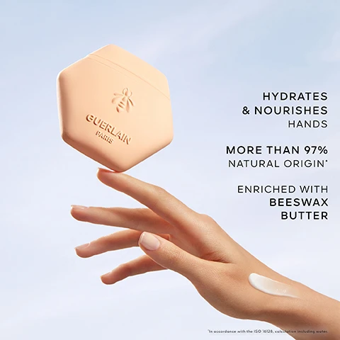 Image 1 - A hand holding a light pink hexagonal container of hand cream with the label Guerlain Paris and text stating hydrates & nourishes hands and more than 97% natural origin, enriched with beeswax butter.
              Image 2 - A close-up image of vibrant orange mandarins and white basil flowers floating in clear water, with visible text reading MANDARIN, BASIL, GREEN TEA.
              Image 3 - Aqua Allegoria fragrance bottle and a hexagonal cream container on a reflective surface, with text MANDARINE BASILIC SCENTED RITUAL and GUERLAIN PARIS.