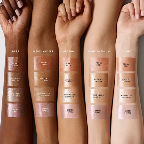 Image 1 - A lineup of five arms with different skin tones holds swatches of makeup shades, labeled as Deep, Medium-Deep, Medium, Light-Medium, and Light, with visible text indicating the names Penny Drop, Hold My Trophy, Who Needs Clothes?!, and Oyster Pearlz under each swatch.
              Image 2 - An image of fabric draped in various shades of shimmery colors, with the text that reads ULTRA-LIT RADIANCE YEAR-ROUND followed by a list of features including four universal shades for all, dewy high-shimmer finish, non-sticky gel-based formula, light-diffusing microparticles plus sheer tint, and luxurious floral scent.
              Image 3 - A person with a toned physique wearing a metallic bronze bikini poses confidently against a bright orange background, with text that reads APPLY TO CHEST, ARMS, TORSO + LEGS FOR SKIN THAT GLOWS.
              Image 4 - A bottle of Fenty Beauty Body Lava with a kabuki brush beside it is displayed on a golden background, accompanied by text that reads MESS-FREE APPLICATION, STEP 1: Pump Body Lava directly onto skin, and STEP 2: Use brush to blend into skin for a streak-and mess-free glow, along with FACE & BODY KABUKI BRUSH 160.
