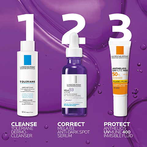 Image features three skincare products from La Roche-Posay arranged on a purple background, labeled with numbers 1 to 3, with corresponding product names: Toleriane Dermo-Cleanser, Mela B3 Anti-Dark Spot Serum, and Anthelios UVMune 400 Invisible Fluid.