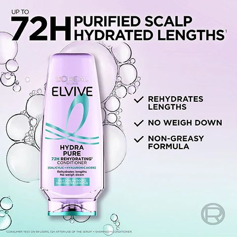 Image 2 - A purple conditioner bottle labeled LOreal Elvive Hydra Pure 72H Rehydrating Conditioner is shown with bubbles around it, accompanied by text stating UP TO 72H PURIFIED SCALP HYDRATED LENGTHS, REHYDRATES LENGTHS, NO WEIGH DOWN, and NON-GREASY FORMULA.
              Image 3 - An image showing a split liquid container with turquoise and purple sections labeled with ingredients, featuring the text POWERED WITH, [salicylic acid] TO CLEANSE EXCESS OIL, and [hyaluronic acid] TO BOOST MOISTURE.
              Image 4 - Image of a skincare routine featuring three LOréal Elvive products: a purple scalp serum with a tapered applicator, a bottle of shampoo, and a conditioner, all arranged against a light blue background with steps labeled as Step 1: Scalp Serum gently exfoliates without stripping, Step 2: Shampoo removes excess oil & impurities, Step 3: Conditioner rehydrates lengths with no weigh down.
              Image 5 - Image showing three side-by-side photos of a woman with wavy hair; the left photo labeled BEFORE USING HYDRA PURE, the middle photo labeled AFTER JUST 1 WASH, and the right photo labeled EVEN AFTER 72 HOURS, with the phrase PURIFIED SCALP HYDRATED LENGTHS prominently displayed at the top.