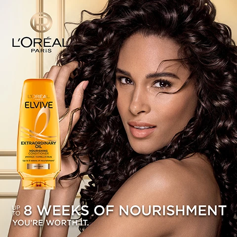 Image 2 - Image of a woman with curly hair holding her hair, alongside a bottle of LOréal Elvive Extraordinary Oil Nourishing Conditioner, with text that says Up to 8 weeks of nourishment and Youre worth it.
              Image 3 - Image shows two translucent bubbles floating in a golden liquid with a soft gradient background, and visible text states POWERED WITH EXTRAORDINARY MARULA & CAMELLIA OILS.
              Image 4 - Image shows four sections of hair transformations with two images on each side labeled BEFORE and AFTER, showcasing various hair types including curly and straight, with the text TRANSFORMS ALL TYPES OF HAIR at the top.
              Image 5 - Image shows four hair care products from LOréal Elvive for an intense hair nourishment routine, including a shampoo, conditioner, a day serum, and a night serum, with visible text indicating steps 1 through 4.