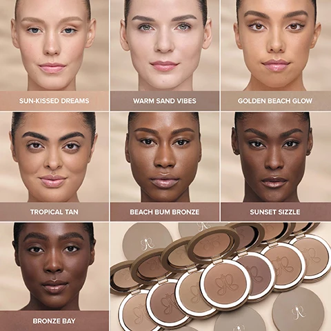 Image 1 - A grid of models shows different bronzer shades with text below each face Sun-Kissed Dreams, Warm Sand Vibes, Golden Beach Glow, Tropical Tan, Beach Bum Bronze, Sunset Sizzle, Bronze Bay, alongside a collection of open bronzer compacts.
              Image 2 - Two round makeup powder compacts are shown alongside text describing their features: SILKY-SMOOTH, LIGHTWEIGHT POWDER WITH A RICH, BUTTERY TEXTURE SUN-KISSED COLOR WITH A FLAWLESS, SOFT-MATTE FINISH FOR A NATURAL GLOW BLURRING, GEL-POWDER HYBRID FORMULA SEAMLESSLY BLENDS + BUILDS.
              Image 3 - Three arms with different skin tones display swatches labeled BRONZE BAY SUNSET SIZZLE BEACH BUM BRONZE TROPICAL TAN GOLDEN BEACH GLOW WARM SAND VIBES SUN-KISSED DREAMS.
              Image 4 - Close-up of brown powder with text that reads SILKY-SMOOTH, BUTTERY TEXTURE Creamy luxurious feel + non-powdery appearance Blurs the appearance of imperfections Builds evenly without patchiness or streaking.
              Image 5 - A woman applies makeup with a brush with text labels pointing to areas for application including Forehead near the hairline + temples, Upper cheekbone above contour, Nose + center of cheek, and Chin + jawline.
              Image 6 - Image shows a light brown contour swatch and a dark brown bronzer swatch side by side with text labels CONTOUR VS BRONZER below which is explanatory text WHAT IT DOES Mimics te look of shadow and is used to minimize features PLACEMENT In the hollows of the face and in areas you want to minimize or define THE SHADES Cool-toned for a natural shadow effect WHAT IT DOES Adds warmth and a sun-kissed glow to your skin PLACEMENT In areas where the sun would naturally hit the face THE SHADES Warm-toned for natural sun-kissed color.
              Image 7 - A woman wearing makeup with open bronzer and blush trio compacts in the foreground, showing the text PAIR WITH Smooth Blur Bronzer + Blush Trio for a sun-kissed glow.