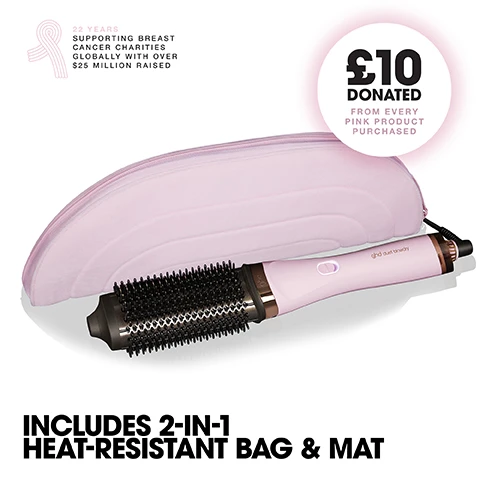 Image 1 - A pink ghd duet style hair dryer brush and its pink heat-resistant case with text 22 YEARS SUPPORTING BREAST CANCER CHARITIES GLOBALLY WITH OVER $25 MILLION RAISED and £10 DONATED FROM EVERY PINK PRODUCT PURCHASED and INCLUDES 2-IN-1 HEAT-RESISTANT BAG & MAT. Image 2 - A pink ghd duet blowdry hair dryer brush rests on a pink surface. 2-IN-1 HAIR DRYER BRUSH. WET TO BLOW DRIED WITH NO HEAT DAMAGE. Image 3 - Close up of wet pink hair being brushed, with text overlay reading USE ON WET HAIR FOR BLOW DRIED RESULTS WITH NO HEAT DAMAGE. Image 4 - A person blow drying pink hair with a round brush. IDEAL FOR A SMOOTH BOUNCY BLOWDRY. SUITABLE FOR ALL HAIR TYPES. Image 5 - Pink GHD hair styling tools are displayed with the text NEW GHD LIMITED EDITION PINK COLLECTION. Image 6 - A pink ghd hair dryer brush and a black tube of ghd volume cream are displayed on a pink background with text 01 GHD DUET BLOWDRY 02 GHD VOLUME FOREVER POWER COUPLE and product label text ghd volume forever volumizing blow-dry cream creme volume brushing 100 mL 3.4 Fl. Oz.