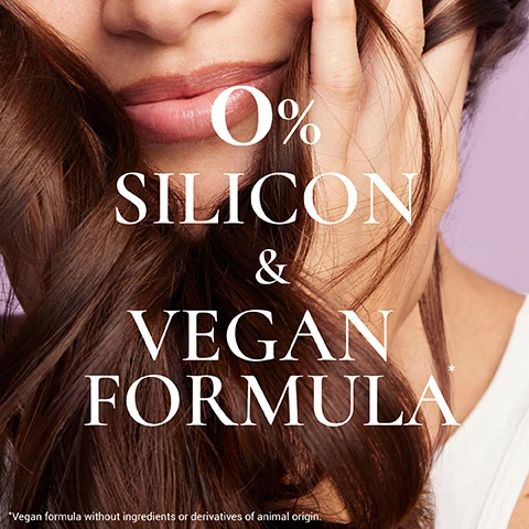 Image 1 - A close-up of a persons mouth and hair with a hand touching their cheek, against a lavender background, displays the text 0% SILICON & VEGAN FORMULA, and a small asterisk followed by the text *Vegan formula without ingredients or derivatives of animal origin. Image 2 - A split image displays a persons long brown hair before and after treatment, with the left side labeled BEFORE showing dull, frizzy hair and the right side labeled AFTER showing smooth, shiny, wavy hair, accompanied by text reading Results after the application of High Shine Shampoo, Intensive Repair Hair Mask and Detangling Leave-In Hair Milk. Unretouched photographs. Image 3 - A pink jar filled with swirled cream is displayed against a purple background with the text 96% INGREDIENTS OF NATURAL ORIGIN. Image 4 - A close-up of a persons mouth and chin with brown hair flowing around their face, displaying large white text that reads +147% REPAIR & NUTRITION, with an asterisk followed by smaller text: Instrumental test on hair strands. % improvement after 12 applications of the intensive repair hair mask.