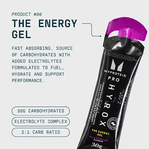 Image 1 - A black and purple Myprotein Pro Hyrox energy gel packet is displayed with product information to its left, reading PRODUCT #06 THE ENERGY GEL FAST ABSORBING, SOURCE OF CARBOHYDRATES WITH ADDED ELECTROLYTES FORMULATED TO FUEL, HYDRATE AND SUPPORT PERFORMANCE, and listing 30G CARBOHYDRATES, ELECTROLYTE COMPLEX, 2:1 CARB RATIO; the packet itself has text including FORMULATED FOR THE DEDICATED MYPROTEIN PRO HYROX CARBOHYDRATE AND ELECTROLYTE GEL DRINK WITH ADDED ELECTROLYTES & VITAMINS OFFICIAL FITNESS PARTNER THE ENERGY GEL BLACKCURRANT FLAVOUR 30G. Image 2 - A light yellow bubbly liquid is shown on a light grey background, with the text PRODUCT #06, FORMULATED TO FUEL, OPTIMUM ABSORPTION, FRUITY FLAVOURS, and ADDED VITAMINS. Image 3 - A silhouette of a person stands on a rocky outcrop looking over a misty body of water with the text PRO IS A MINDSET IT’S COMMITMENT, DEDICATION, AND CONSISTENCY IN EVERY ASPECT OF LIFE. PRO IS BUILT TO SUPPORT HIGH-PERFORMANCE LIVING AND PEAK PHYSICAL PERFORMANCE. Image 4 - A Myprotein branded white water bottle, a black Myprotein Pro Hyrox The Energy Gel Black Cherry Flavour 50g pouch, and a black Myprotein Pro Hyrox tub are displayed on a metal diamond plate surface, with prominent text reading UKS NO. 1 SPORTS NUTRITION BRAND, Consistency, quality, and over 20 years of getting it right, Backed by Euromonitor, the global authority on market data, and smaller text Source Euromonitor International Limited; Consumer Health 2025 edition, retail value sales (RSP), all retail channels, 2024 data.