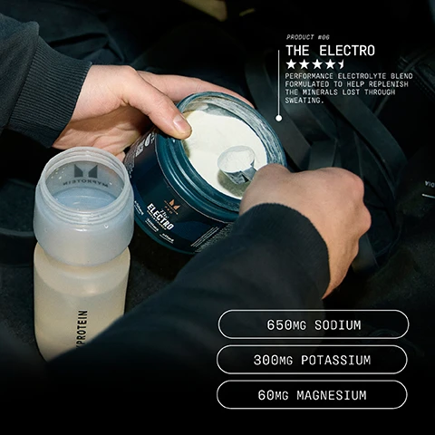 Image 1 - A person is scooping white powder from a blue tub labeled Myprotein Electro, next to a clear Myprotein shaker bottle, with overlay text on a dark background reading PRODUCT #06 THE ELECTRO, a 4-star rating, PERFORMANCE ELECTROLYTE BLEND FORMULATED TO HELP REPLENISH THE MINERALS LOST THROUGH SWEATING, and ingredient facts 650MG SODIUM, 300MG POTASSIUM, 60MG MAGNESIUM. Image 2 - A male runner in black sportswear and grey-orange shoes sprints on an outdoor track with a grassy field and stadium lights in the background, next to text bubbles that read OPTIMALLY DOSED, HIGHEST QUALITY, and NO COMPROMISES.