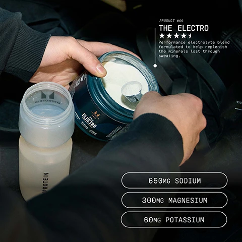 Image 1 - A person is holding a container of electrolyte powder labeled THE ELECTRO with a scoop inside, while a clear bottle labeled PROTEIN is in front, displaying nutritional information of 650mg sodium, 300mg magnesium, and 60mg potassium.
Image 2 - A person in a black running outfit is sprinting across a track with trees and a field in the background, accompanied by the text optimally dosed, highest quality, no compromises.