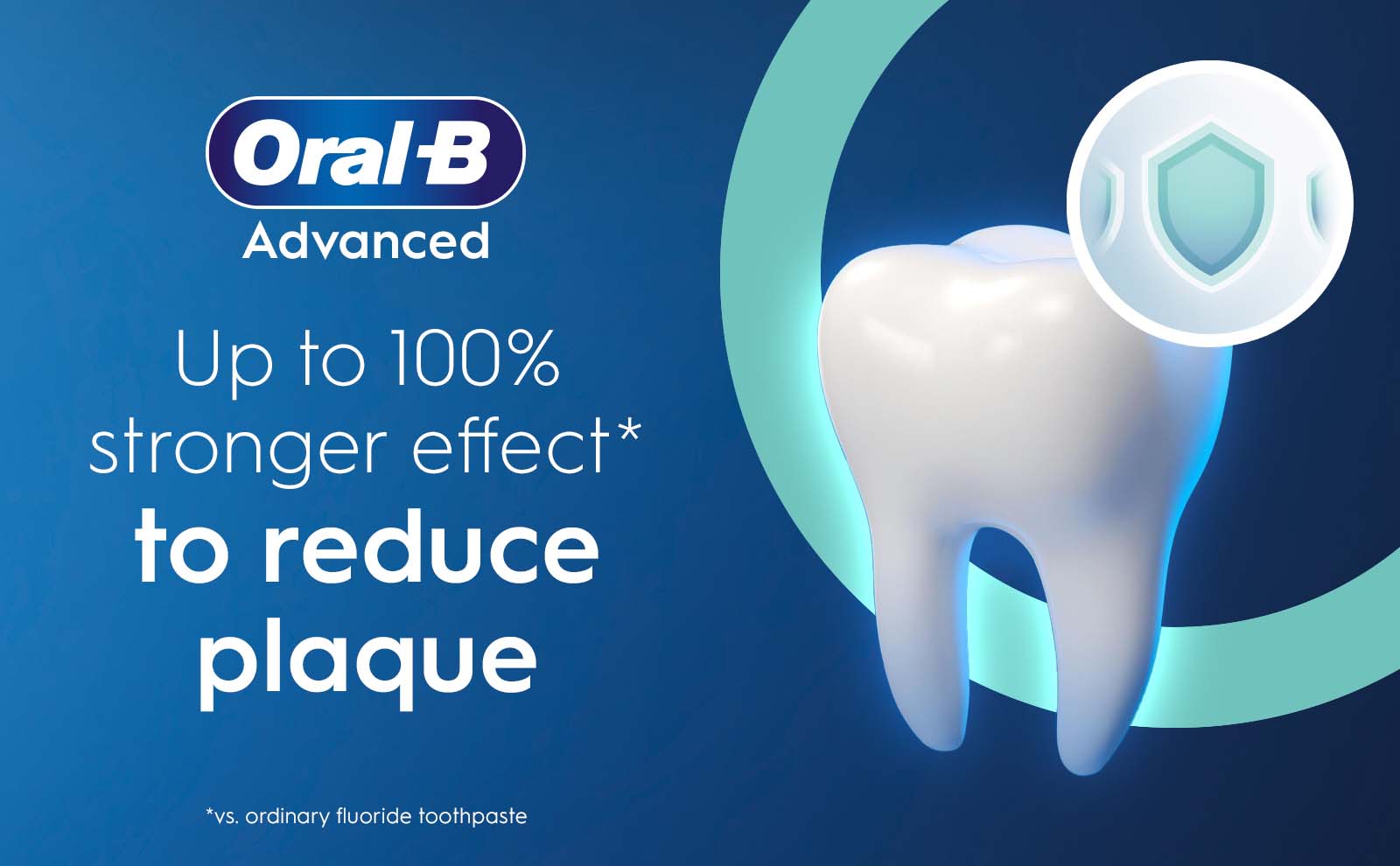 An animated image of a shiny white tooth with a blue background, featuring the Oral-B logo at the top and text that states Up to 100% stronger effect* to reduce plaque along with a small shield icon.
                                  